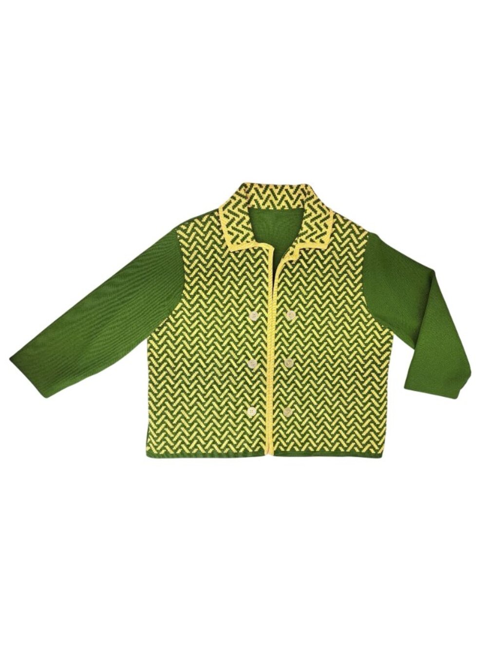 Vintage Green Yellow Polyester Knit Cardigan Sweater Chevron Women Size XL Union - Picture 6 of 10